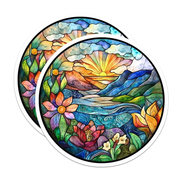 (2 Pack) Stained Glass Nature Magnets - Sunset Mountain Landscape - Vibrant Floral River Scene - 5 Inches On Longest Side - Thick Durable Magnet - Made in USA - MAG24833