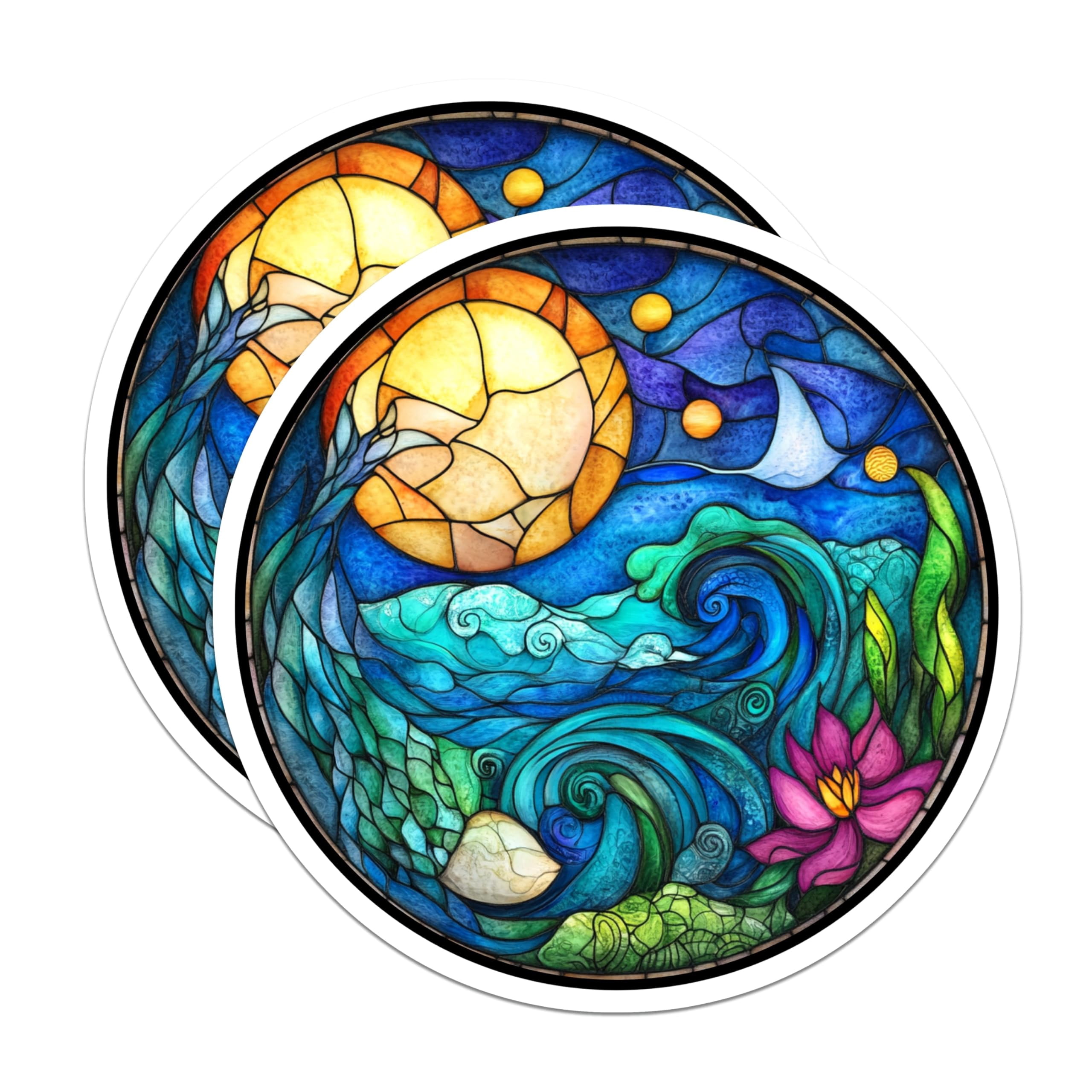 (2 Pack) Stained Glass Ocean Stickers - Celestial Sun Moon - Aquatic ...