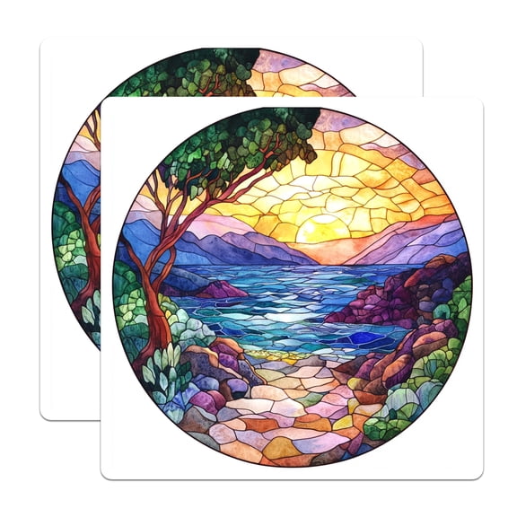 (2 Pack) Stained Glass Sunset Magnets - Coastal Ocean Scene - Mosaic Landscape Art - Nature Lover Decor - 5 Inches On Longest Side - Thick Durable Magnet - Made in USA - MAG28908
