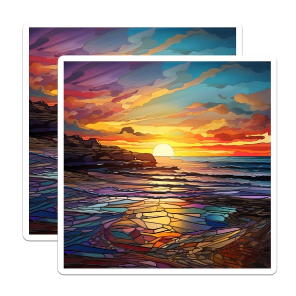 (2 Pack) Stained Glass Sunset Magnets - Mosaic Ocean View - Vibrant Coastal Decor - 5 Inches On Longest Side - Thick Durable Magnet - Made in USA - MAG25174