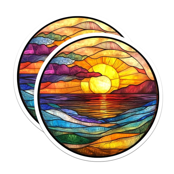 (2 Pack) Stained Glass Sunset Magnets - Ocean Landscape Art - Boho Fridge Decor - 5 Inches On Longest Side - Thick Durable Magnet - Made in USA - MAG28479