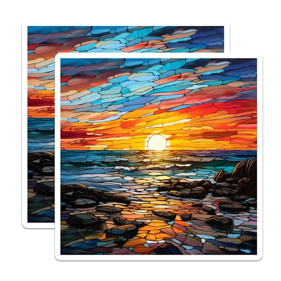 (2 Pack) Stained Glass Sunset Magnets - Ocean View Art - Coastal Beach Refrigerator Decor - 5 Inches On Longest Side - Thick Durable Magnet - Made in USA - MAG28350