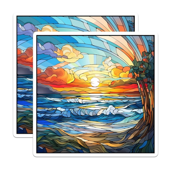 (2 Pack) Stained Glass Sunset Magnets - Ocean Wave Art - Coastal Home Decor - Nature Inspired Scene - 5 Inches On Longest Side - Thick Durable Magnet - Made in USA - MAG27539