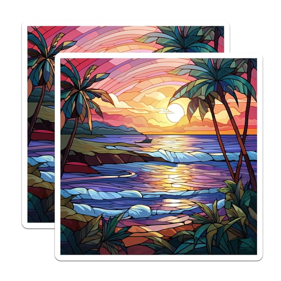 (2 Pack) Stained Glass Sunset Magnets - Tropical Beach Scene - Palm Tree Ocean Art - 5 Inches On Longest Side - Thick Durable Magnet - Made in USA - MAG23924