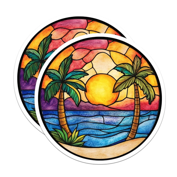 (2 Pack) Stained Glass Sunset Magnets - Tropical Beach Scene - Vacation Vibe Decor - 5 Inches On Longest Side - Thick Durable Magnet - Made in USA - MAG28803