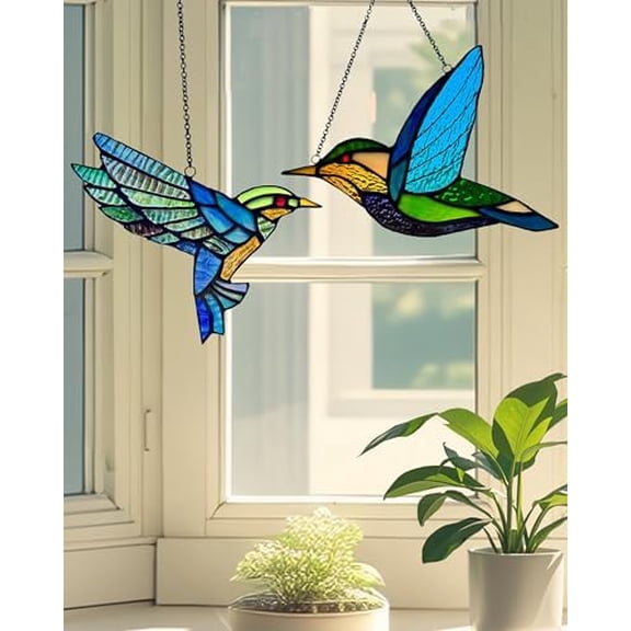 2 Pack Stained Glass Window Hangings, Garden Suncatchers for Window and Wall Decor, Hummingbird$$Garden & Patio