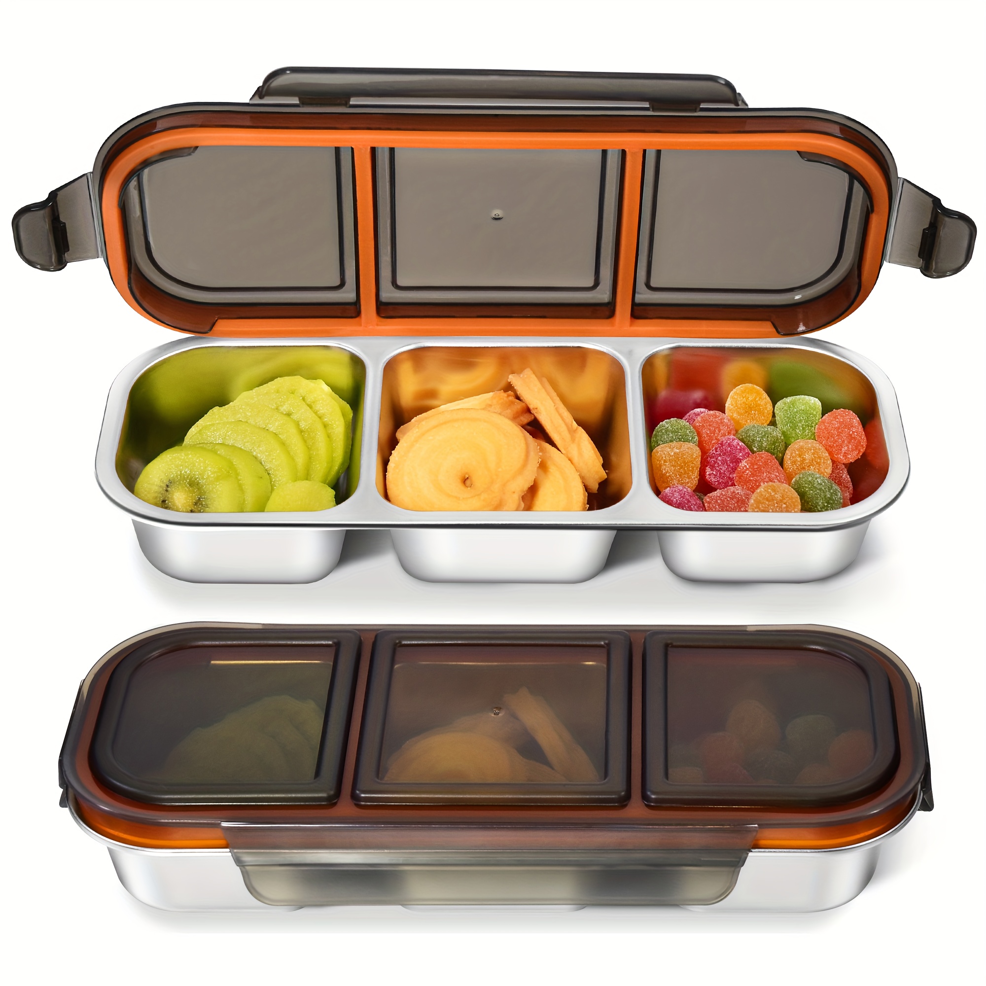 2-Pack Stainless Snack Containers - 3 Compartments & Locking Lids. 304 ...