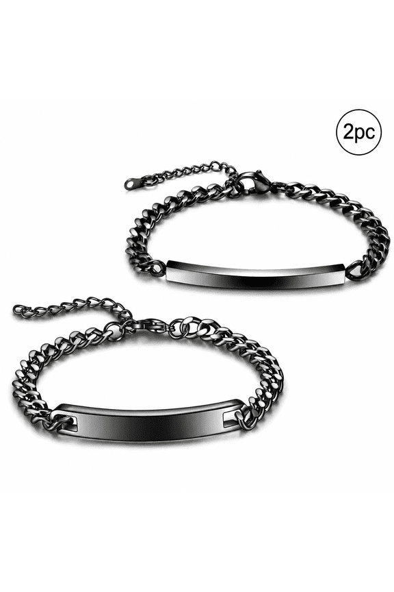 2 Pack Stainless Steel Bar Bracelets, Smooth Engravable Couple Bracelets, Laser Customizable Fashion Jewelry Accessories in Silver Gold Black Rose Gold