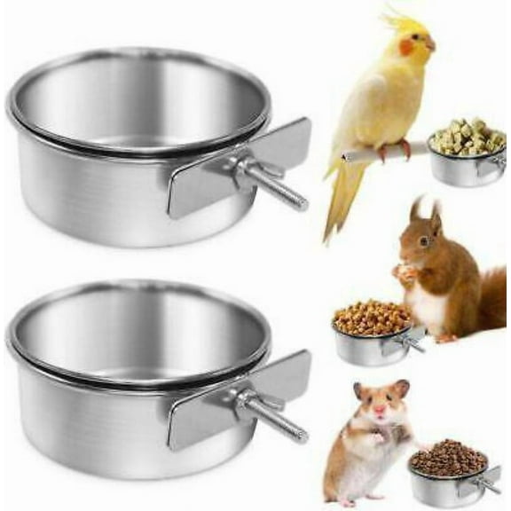 2 Pack Stainless Steel Bird Feeding Dish Cups Bird Feeder with Clamp for Cage