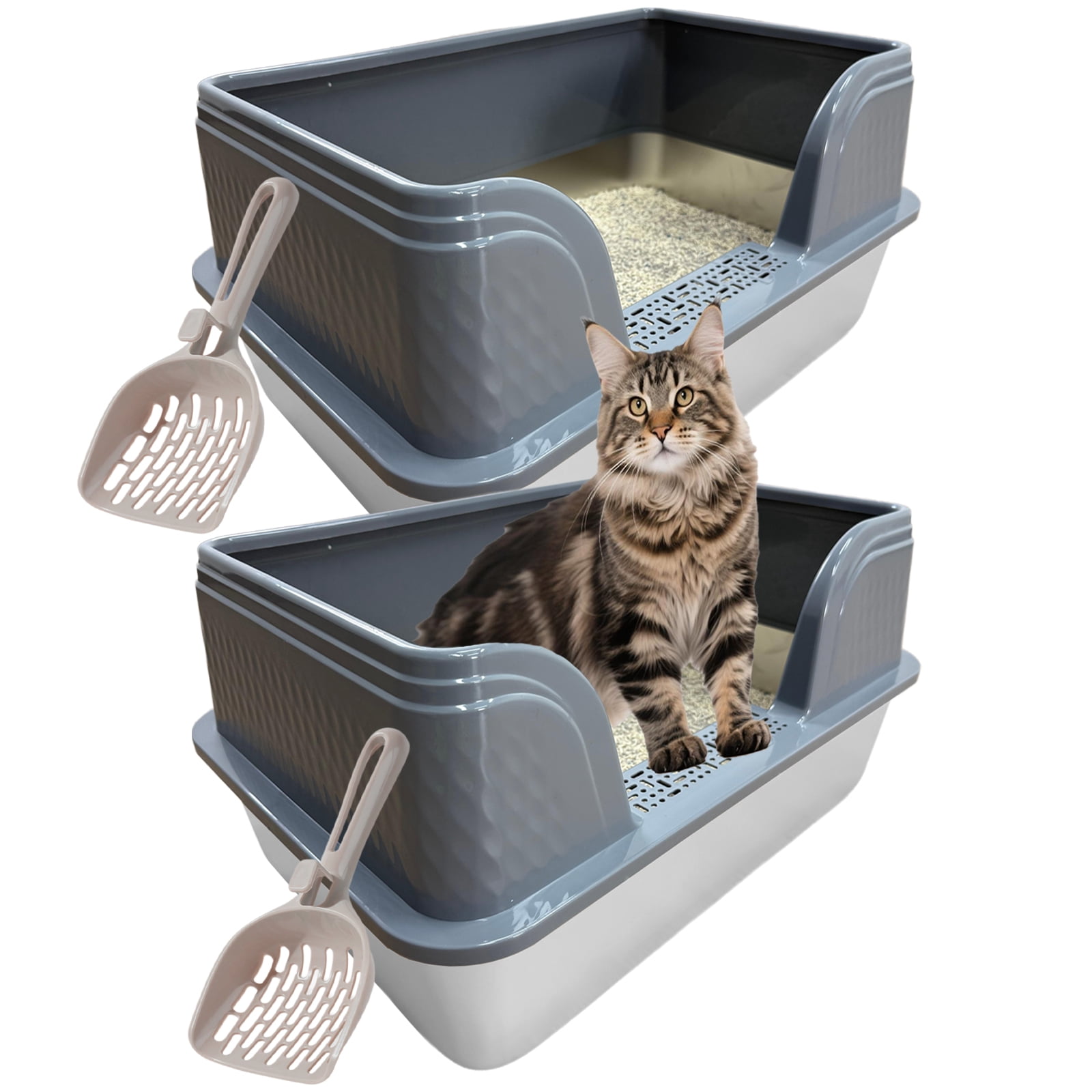 2 Pack Stainless Steel Cat Litter Box with High Sided Lid, 23.6" L x 15.8" W x 11.8" H - XL Metal Litter Box Pan for Big Cats, High Wall Enclosure, Non Stick, No Smell, Easy to Clean, Scoop Included