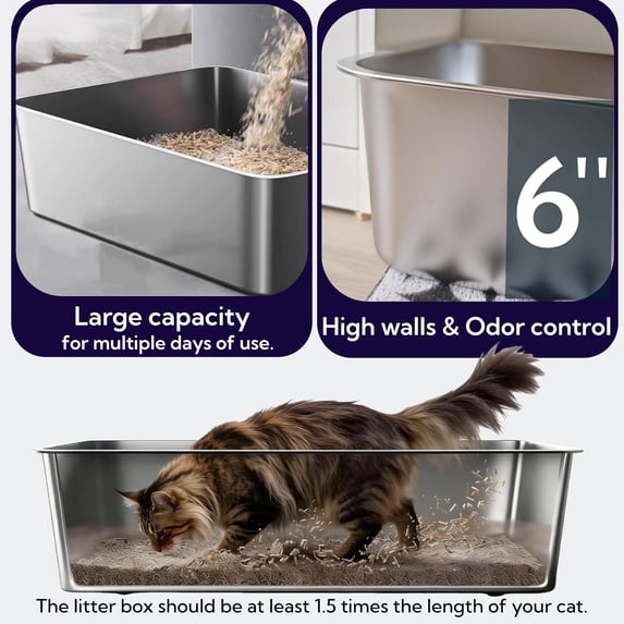 2 Pack Stainless Steel Cat Litter Box with High Sides - Metal Cat Pan, Large Indoor Litter Tray, Never Absorbs Odor, Pet Toilet Supplies Smooth Surface for Kitten, Kitty, Rabbit 23.6"x16"x 6"