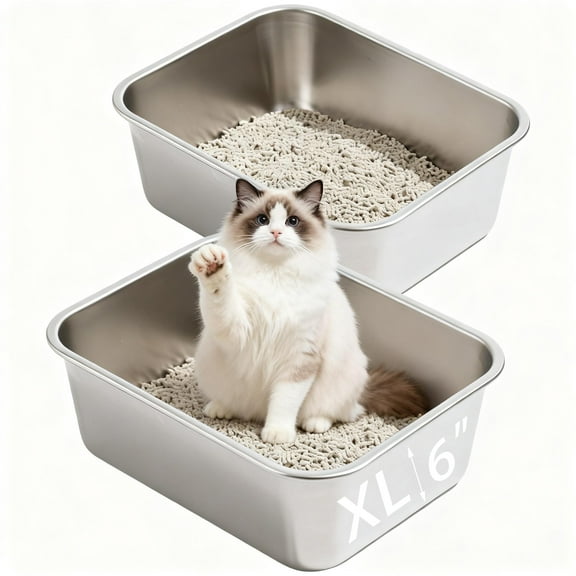 2 Pack Stainless Steel Cat Litter Box Large Metal Litter Pan Tray High Sided Cat Box, Pet Toilet Supplies for Indoor Cats Kitten Rabbit, Non Stick, No Smell, Easy to Clean - 23.62x15.75x5.91 Inch, XL