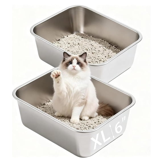2 Pack Stainless Steel Cat Litter Box Large Metal Litter Pan Tray High Sided Cat Box, Pet Toilet Supplies for Indoor Cats Kitten Rabbit, Non Stick, No Smell, Easy to Clean - 23.62x15.75x5.91 Inch, XL