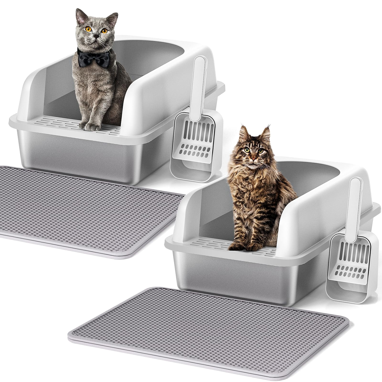 2 Pack Stainless Steel Cat Litter Box With Lid  20" L X 14.2" W 11.8" H Extra Large For Big Cats High Sided Anti-urine Leakage Easy Cleaning Include Mat And Scoop
