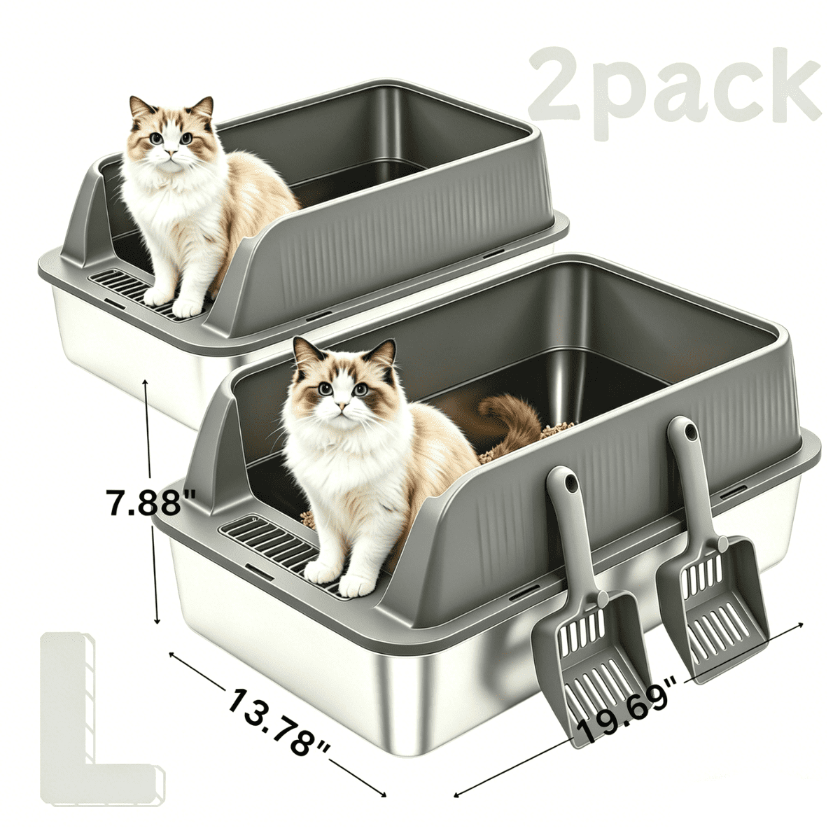 2 Pack Stainless Steel Cat Litter Box, Medium High Sides Litter Box for Multi Cats & Kittens, Anti-Leak Lid, Non-Stick, Odor Control, Easy Clean, Includes Scoop