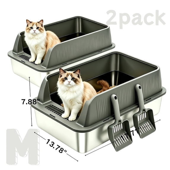 2 Pack Stainless Steel Cat Litter Box, Small High Sides Litter Box for Multi Cats & Kittens, Anti-Leak Lid, Non-Stick, Odor Control, Easy Clean, Includes Scoop