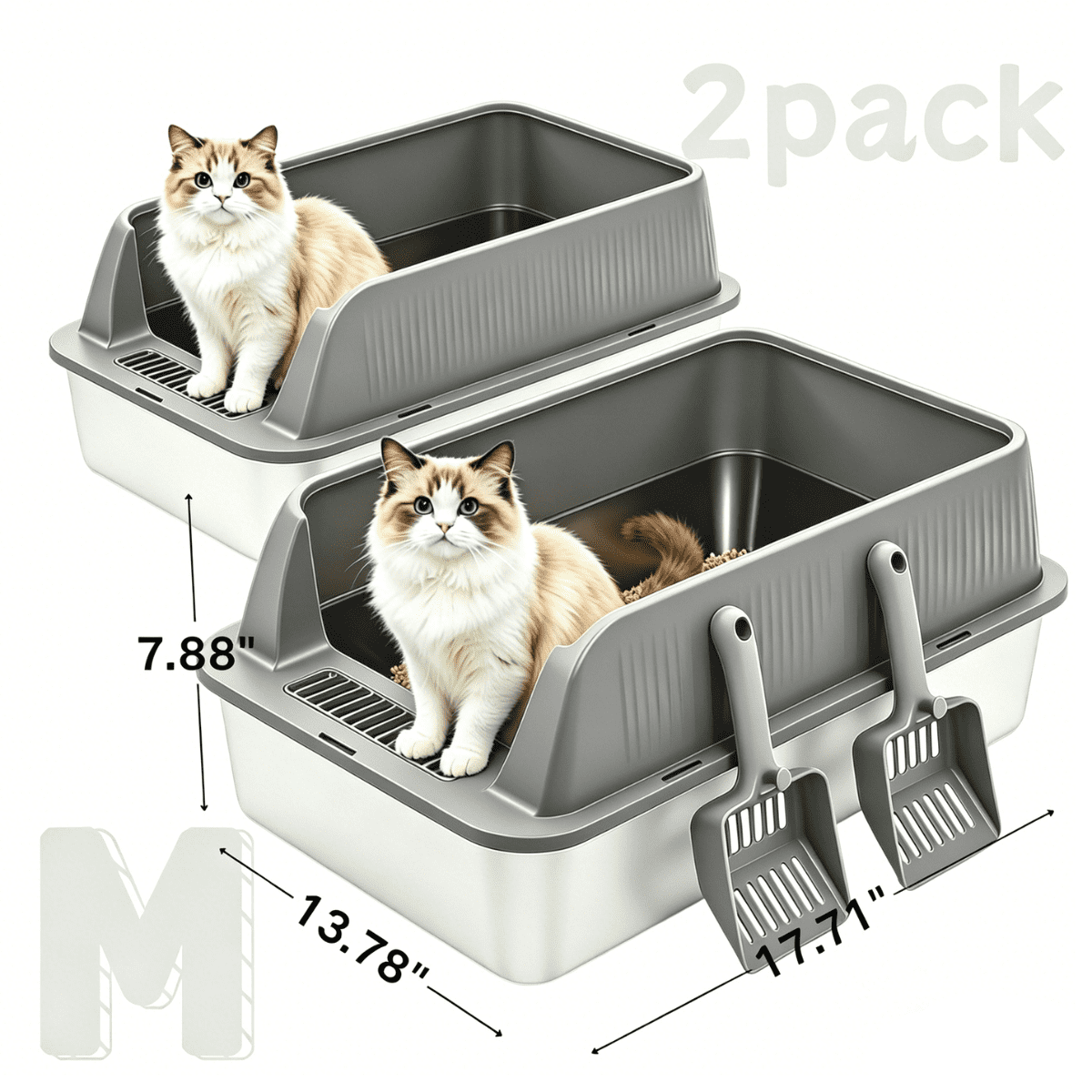 2 Pack Stainless Steel Cat Litter Box, Small High Sides Litter Box for Multi Cats & Kittens, Anti-Leak Lid, Non-Stick, Odor Control, Easy Clean, Includes Scoop