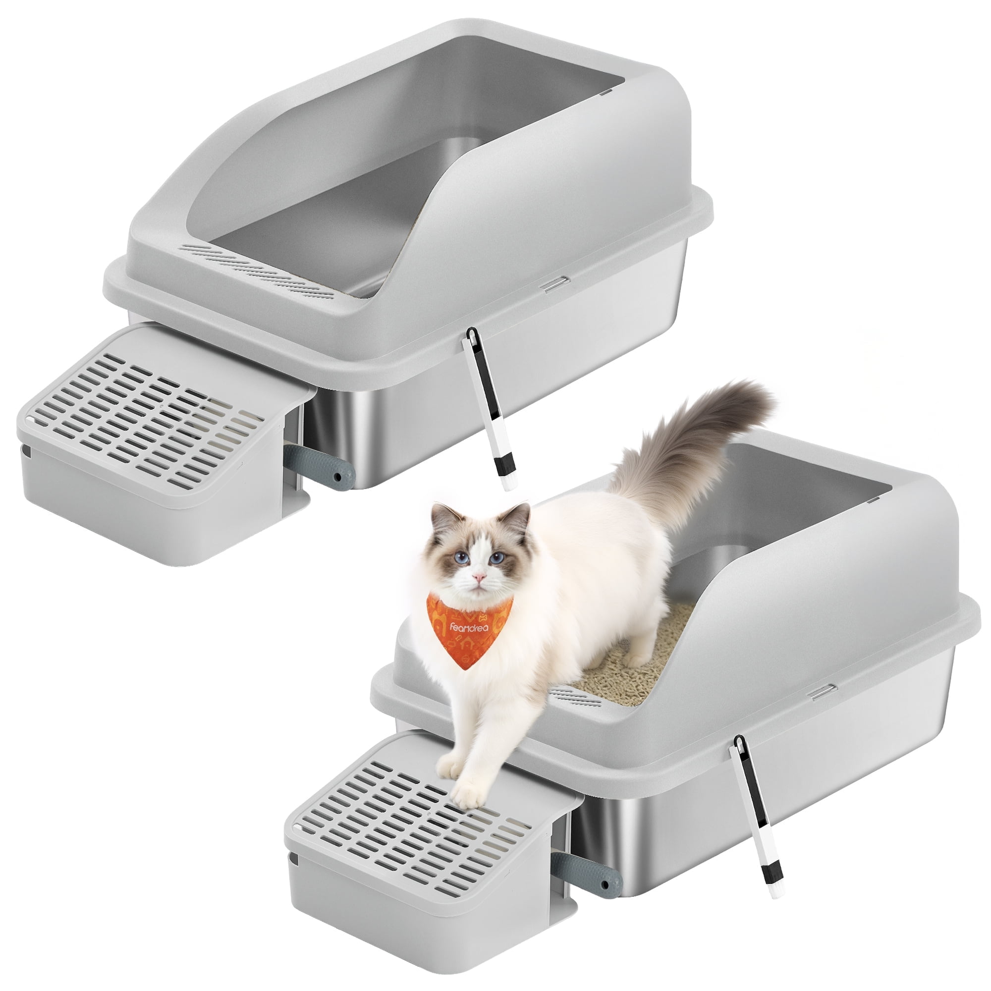 2-Pack Stainless Steel Cat Litter Boxes, High-Sided Open Top Litter Trays with Step & Scoop, for Cats up to 33 lb, Dove Gray
