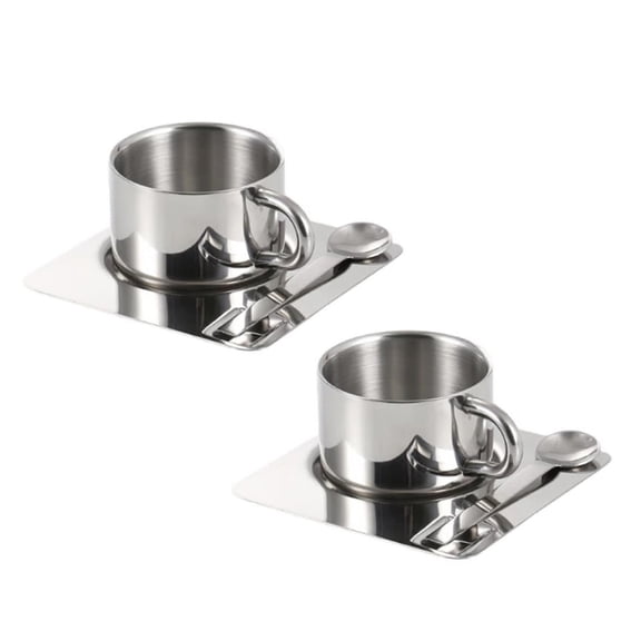 2 Pack Stainless Steel Coffee Cup Set,6.8 Oz Coffee Mugs with Spoon and Saucer,Double Walled Espresso Cups Mugs for Coffee,Latte,Tea,Milk