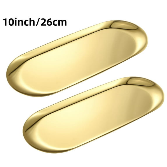 2 Pack Stainless Steel Decorative Tray Oval Jewelry and Make up Organiser,Gold Vanity Tray,Candle Plate Decorative Tray (10 inch/26cm)