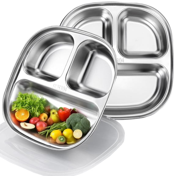 2 Pack Stainless Steel Divided Plates,Bexikou Non-Slip Heat-Resistant Lunch Tray ,3 Compartment Meal Prep Trays for Camping, Dishwasher Safe