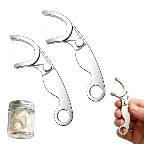 2 Pack Stainless Steel Floss Holder, Reusable Refillable Metal Floss Pick with Keychain Hole for Travel, Daily Teeth Cleaning