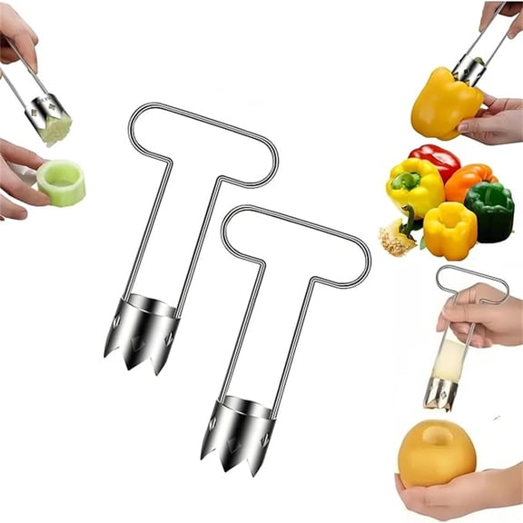 2 Pack Stainless Steel Fruit Corer, 304 Grade Multifunctional Vegetable Core Remover with Serrated Blades, T-Handle Pepper Corer for Apples, Easy Clean Kitchen Gadget