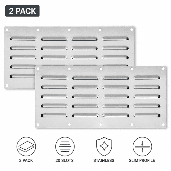 2 Pack Stainless Steel Grill Vent Panels, 15 x 6.5" 20-Slot Air Vents for Outdoor Kitchens and Masonry