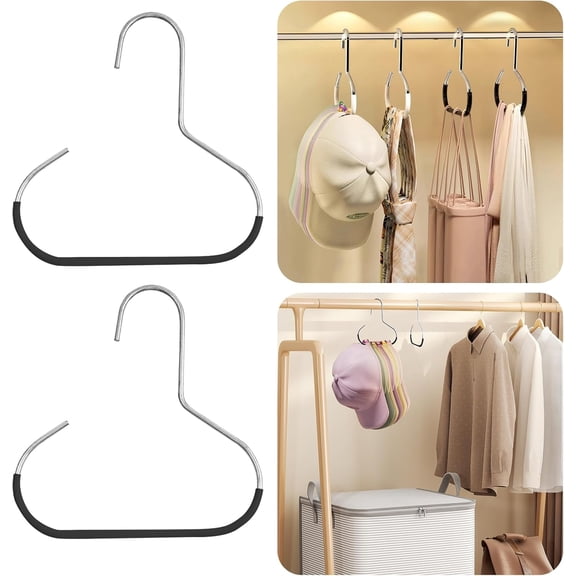 2 Pack Stainless Steel Hat Hangers, Multifunctional Closet Hat Organizer with Non-Slip Pads, Open Ring Storage Holder for Baseball Caps, Scarves, Belts, Ties and Purses