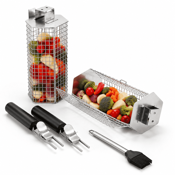 2 Pack Stainless Steel Hexagon Grill Baskets with Removable Wooden Handles