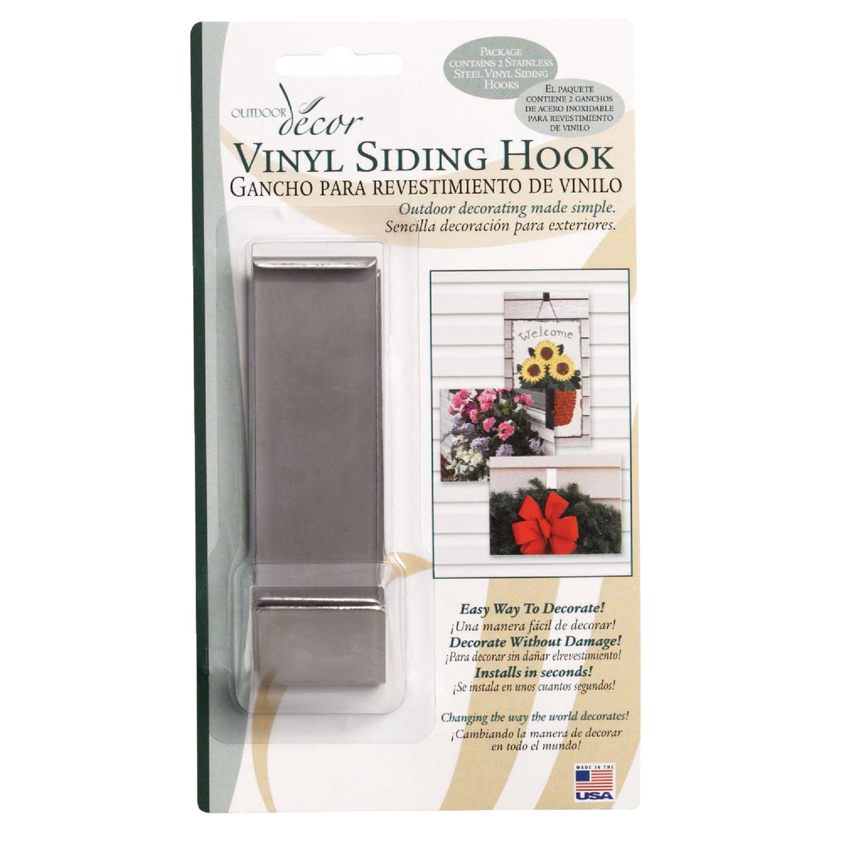 OUTDOOR DECOR J Hook for Vinyl Siding - Stainless Steel, Easy Installation - 2 Pack, Silver