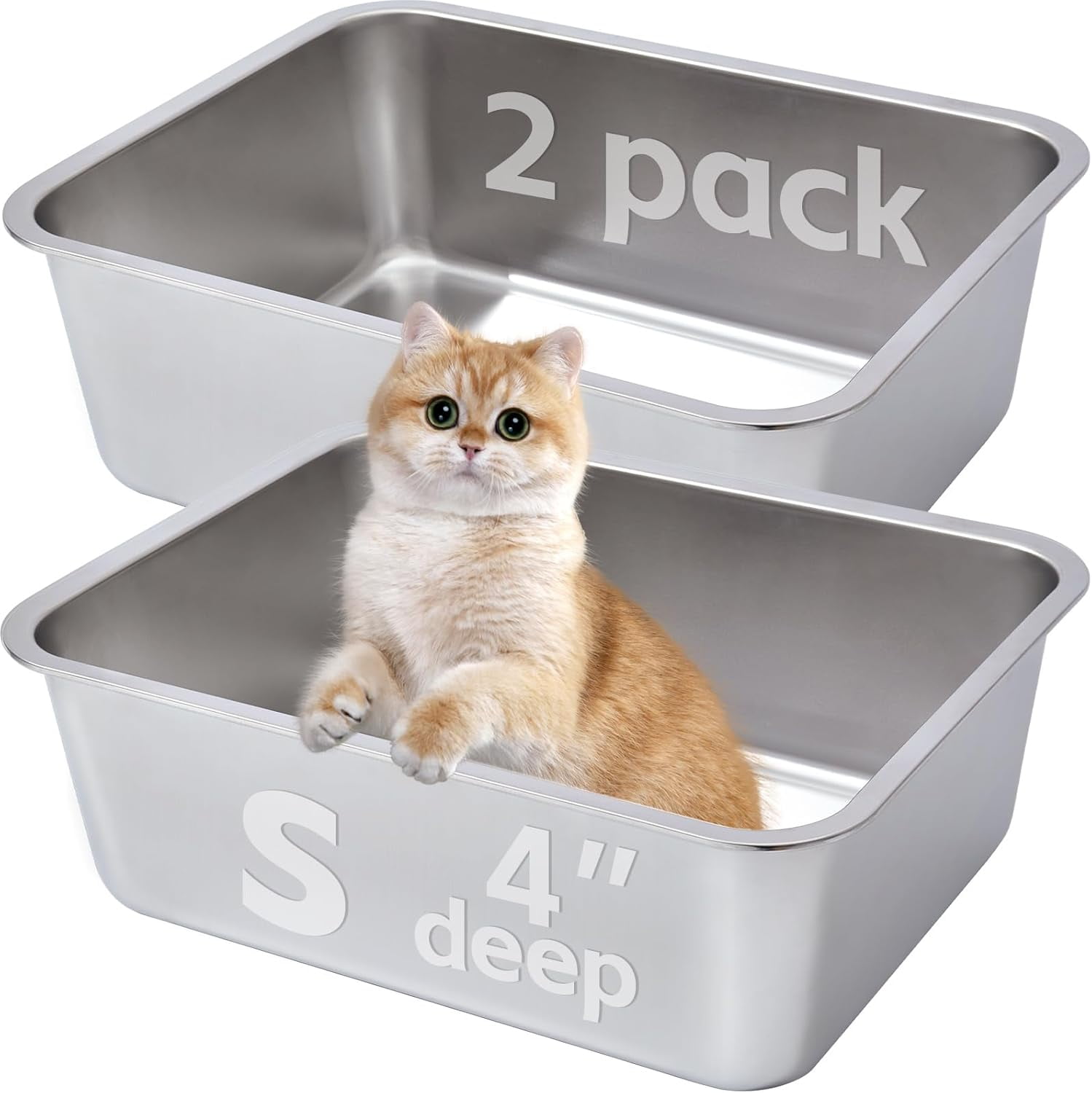 2 Pack Stainless Steel Litter Box 6IN Deep Medium for Cats High Sided Metal No Smell Non Stick Easy Clean Odor Proof Indoor Outdoor