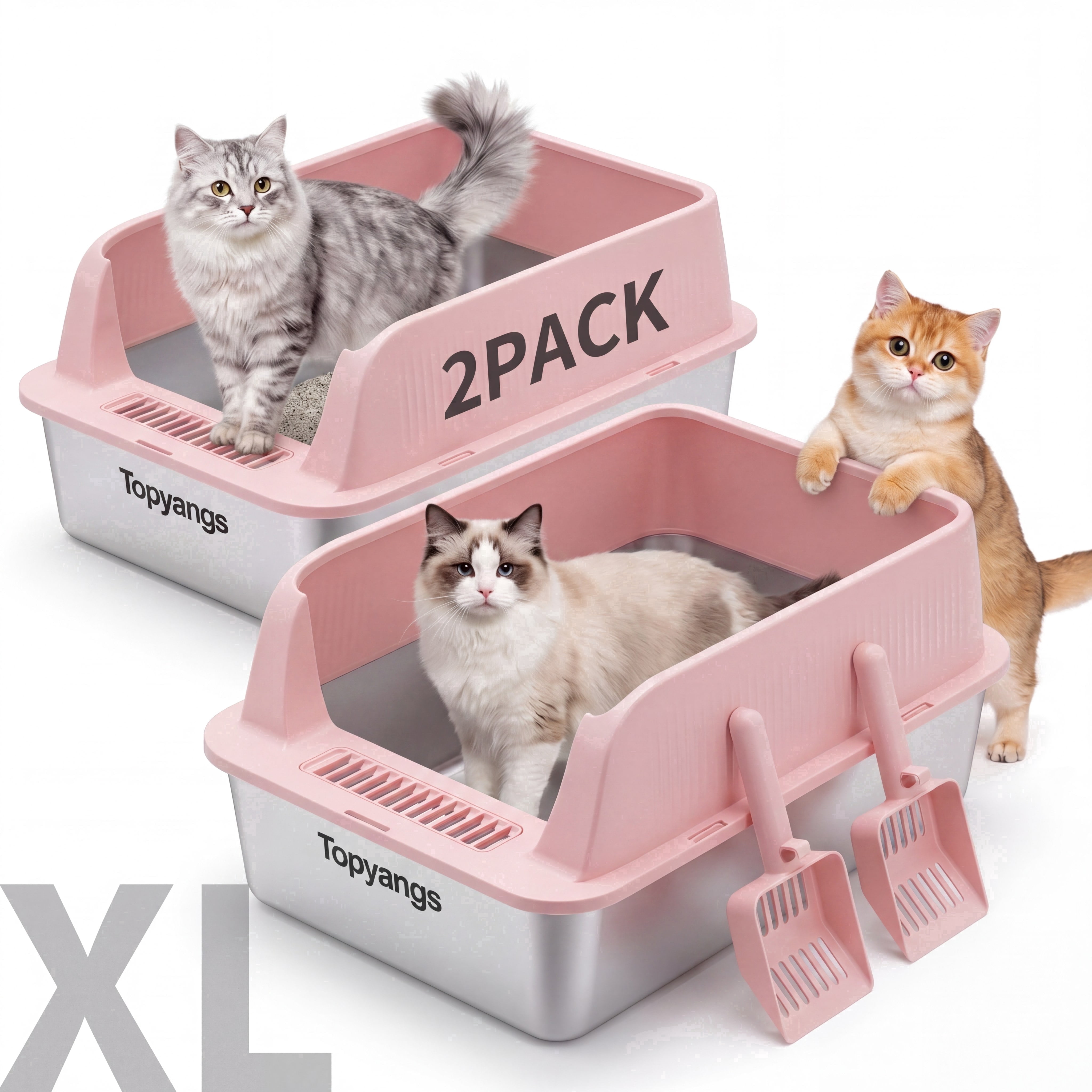 Topyangs 2 Pack Stainless Steel Extra Large Open Top Metal Cat Litter Box with Litter Scoop, High Side, Pink