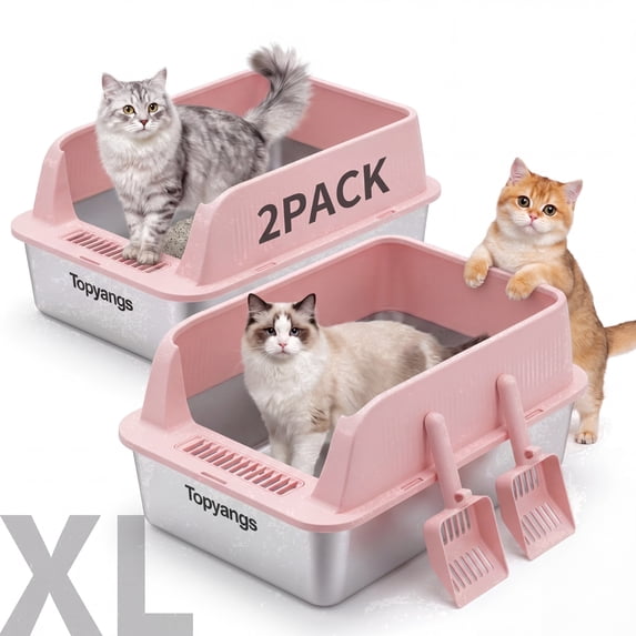 Topyangs Stainless Steel Litter Box, XL Metal Cat Litter Box for Big Cats, Pink
