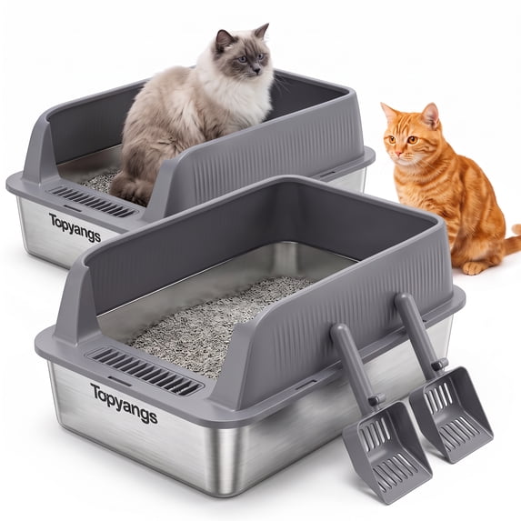 Topyangs Stainless Steel Litter Box, XL Metal Cat Litter Box, Gray, 2 Count