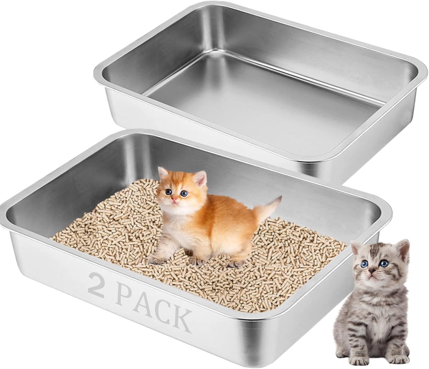 2 Pack Stainless Steel Litter Box for Kittens,15.7"×11.8"×2.8" Mini Metal Litter Pan Low Entry for Small Kitten and Senior Cat,Kitty Shallow Litterbox for Guinea Pig,Puppy,Hamsters Toilet