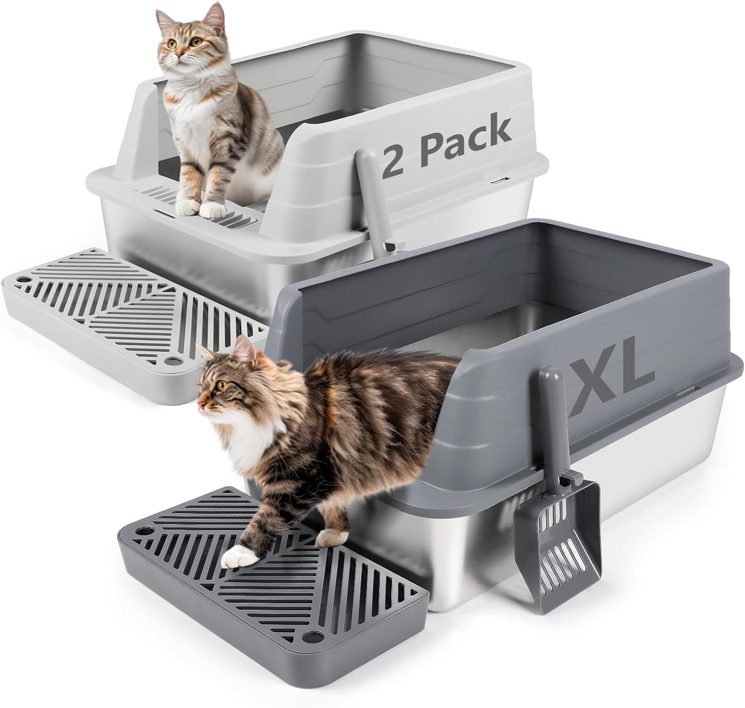 2 Pack Stainless Steel Litter Box, XL 22.9”x15”x 10.3” High Sided Metal Cat Litter Tray with Scoop, Filter Pedal for Anti-Splash, Odor Control, Non-Sticky, Easy to Clean (Dark Grey&Light Grey)