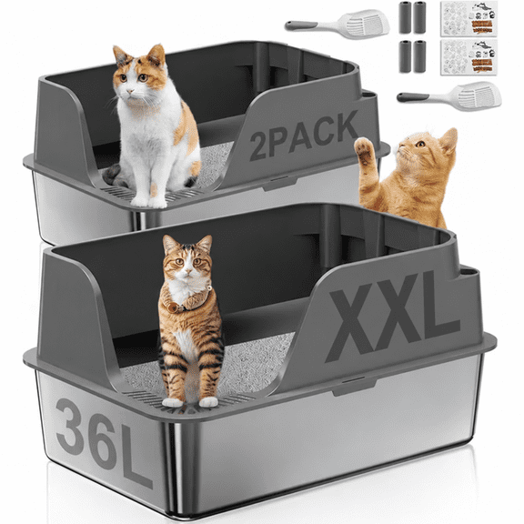 2 Pack Stainless Steel Litter Box with Lid Gray, XL Metal Cat Litter Pan, High Sided, Anti-Urine Leakage, Odor-Free & Easy Clean