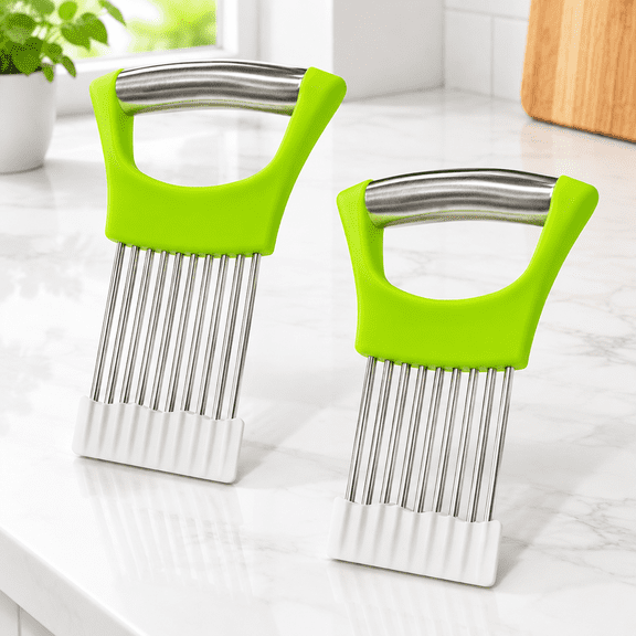 2-Pack Stainless Steel Onion Holder Slicer & Meat Chopper, Chartreuse
