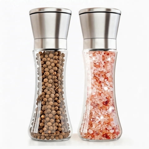 2-Pack Stainless Steel Pepper & Salt Grinder Set, Refillable Glass Body, Adjustable Coarseness Spice Mill