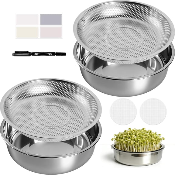 2 Pack Stainless Steel Round Seed Sprouter Trays, 2-Tier Soil-Free Microgreens Growing Kit, Rust-Free Sprouting Tray with Cover Lids & Mesh Pads for Sprouts Beans Alfalfa Wheatgrass