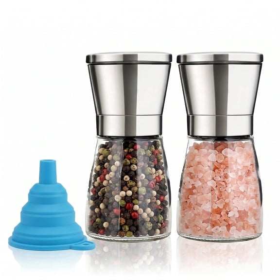 2-Pack Stainless Steel Salt and Pepper Grinder Set, Adjustable Ceramic Mill with Clear Glass Body, Easy Clean Spice Shakers with Refill Funnel