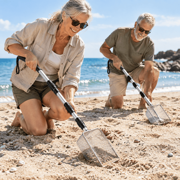 2 Pack Stainless Steel Sand Sifters with Extendable Handles for Beach Treasure