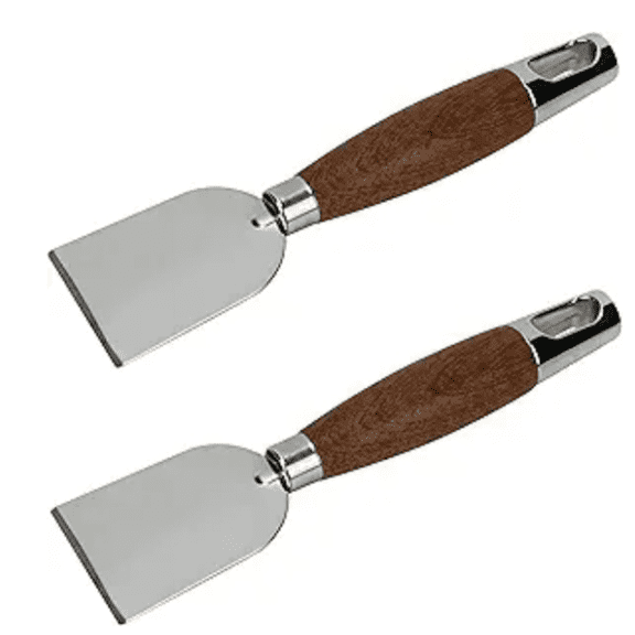 2 Pack Stainless Steel Scraper with Wooden Handle for Cleaning Cast Iron Skillet Flat Top Grills Griddle BBQ Pan Ovens Stoves, Stain Removal Tool