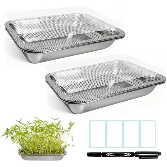 2 Pack Stainless Steel Seed Sprouter Trays, 2-Tier Soil-Free Microgreens Growing Kit, Rust-Free Sprouting Tray with Mesh Pads for Sprouts Beans Alfalfa Wheatgrass$$Garden & Patio