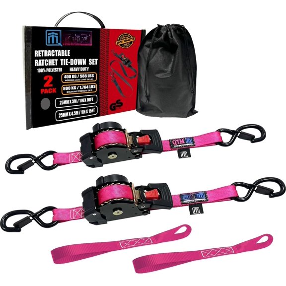 2-Pack Stainless Steel Spring Retractable Ratchet Straps 1" x10' with Soft Loops, Heavy Duty, 2,000lbs Breaking Strength, with Storage Bag, for Cargo, , ,