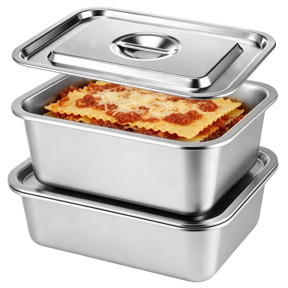 2 Pack Lasagna Pan with Lid, 7.4QT Extra Deep Nonstick Stainless Steel Baking Dish, 14.2 x 10.6 x 3.9 in Rectangular Oven Safe Container for Food Prep, Storage and Table Display