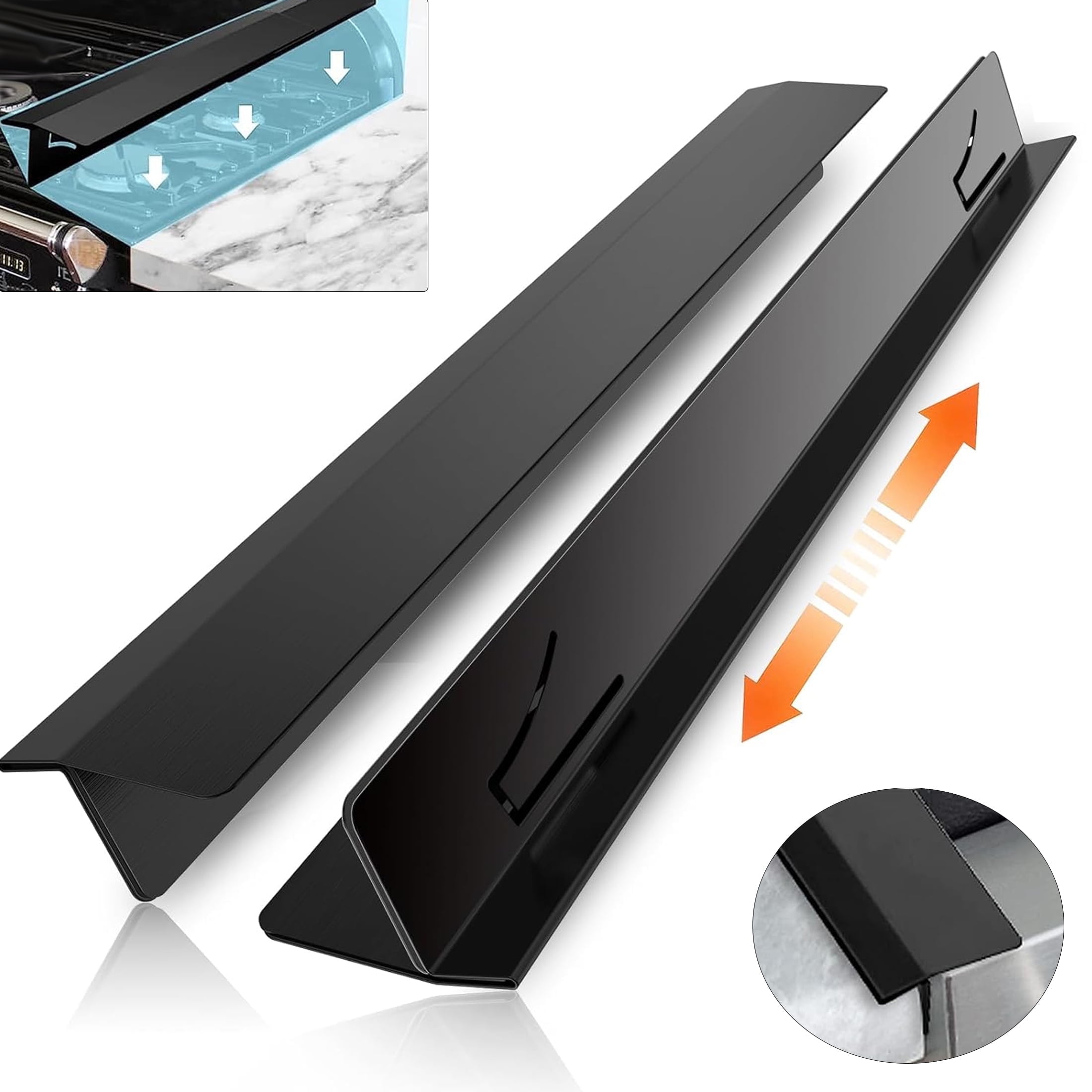 2 Pack Stainless Steel Stove Gap Covers, Stove Gap Filler for Kitchen for Kitchen, Adjustable Length 13.8" to 27.5" (T Shape, Black)