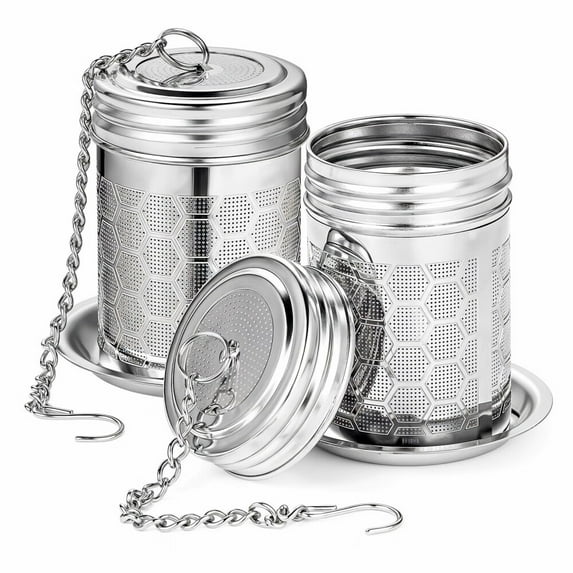 2 Pack Stainless Steel Tea Infuser Mesh Loose Leaf Steeper with Chain Hook and Threaded Lid for Black Tea,Spices and Seasonings