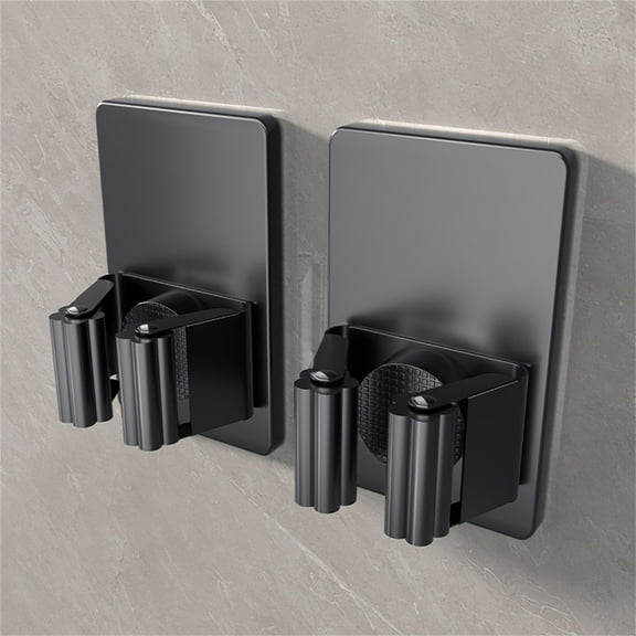 2 Pack Stainless Steel Wall Mount Mop Holder with Strong Adhesive for Bathroom Kitchen and Garage Organization No Drill Installation Rust Proof Hanging Rack for Brooms and Cleaning Tools